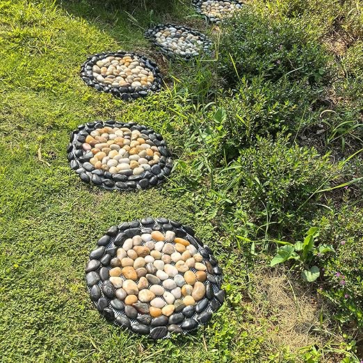 Garden Stepping Stones Outdoor,Pebble Stepping Stones for Garden Walkway,Decoration Polished River Rock for Yard, Pathway,Landscaping, 12 inch Round Decorative Stone Sheet Set 6pcs