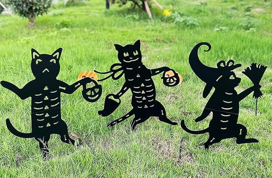 Metal Halloween Black Cat Garden Stakes Decorative, 3 Pack Scary Cat Halloween Yard Stakes Black Cat Silhouette for Home Yard Indoor and Outdoor Halloween Decorations.(Big)