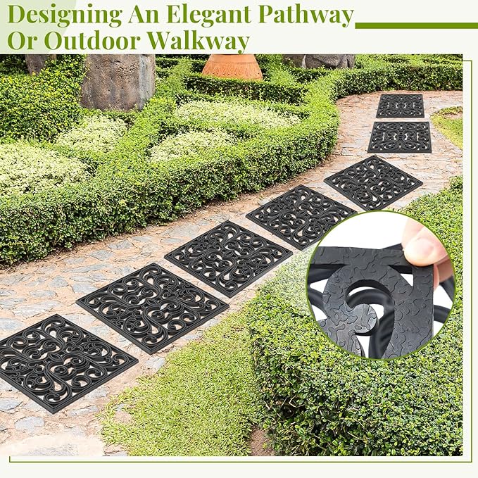 Pangda 8 Pcs Rubber Stepping Stones Outdoor Garden Walkway, 12 x 12 Inch Heavy Duty Pathway Pavers Retro Decorative Stepping Stones for Outside Landscaping Yard Lawn Path(Black,Scroll Square)