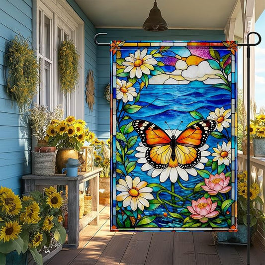 IVN Stained Glass Butterfly Garden Flag 12x18 Inch – Daisy and Water Lily Outdoor Flag, Double Sided Burlap Spring Summer Yard Flag for Porch Lawn Patio Decor