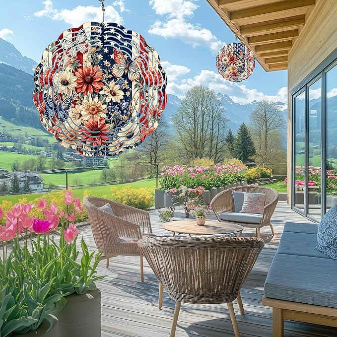 American Butterfly Floral Wind Spinner Outdoor, USA 250th Anniversary Wind Chime, 8 Inch 3D Metal Garden Wind Spinner, Stainless Steel Patriotic Yard Hanging Decor Gift