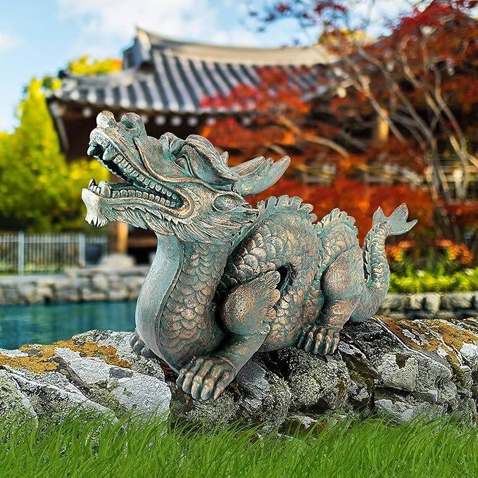 Design Toscano Asian Dragon of the Great Wall Garden Statue, Large 29 Inch Long, Cast Stone Resin, Green Bronze Verdigris Finish