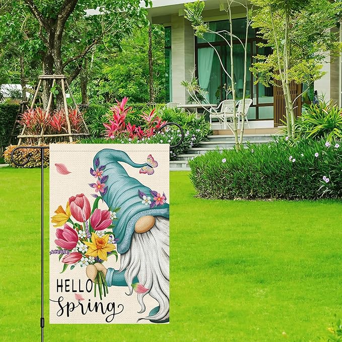Hello Spring Gnome Garden Flag 12x18 Double Sided Burlap Butterfly Floral Garden Yard Banner for Summer Rustic Seasonal Outside Outdoor House Decoration (ONLY FLAG)