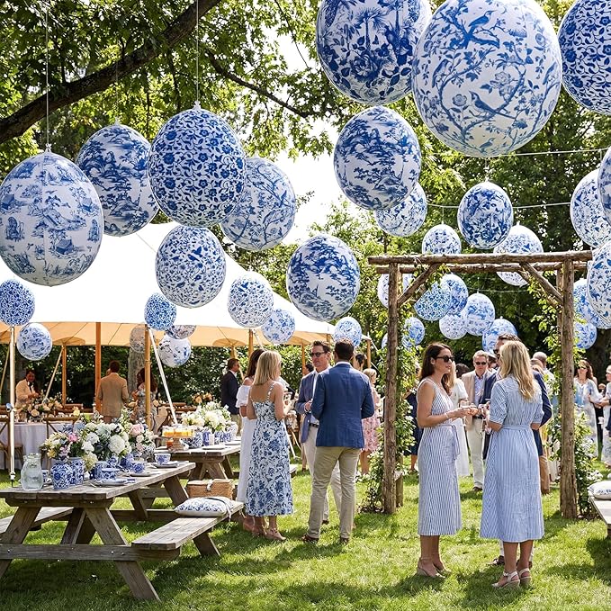Realspring 12 Pcs 12 Inch Inflatable Blue and White Easter Eggs Decorations Chinoiserie Porcelain Easter Inflatables Outdoor Decor Spring Large Blow up Hanging Egg Ornaments for Holiday Party Supplies