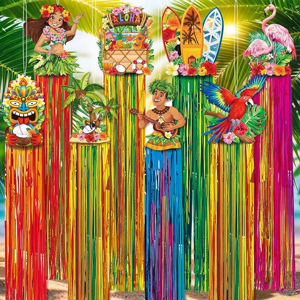 Affrolling 8 Pcs Hawaiian Luau Party Decoration Tropical Tiki Aloha Flamingo Decorations with Tassels for Hawaii Luau Tropical Birthday Party Supplies 3.3 ft Outdoor Summer Door Banner Sign Decor