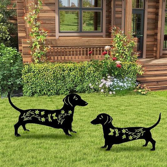 Black Dog Silhouette Decor for Outside, Dachshund Metal Garden Bird Repellent Decorative, Statues Yard Art, Pathway, Lawn, Patio, Outdoor Ornaments, Set of 2