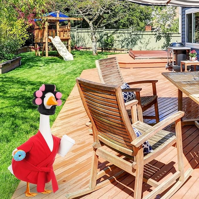 Shyyween Spring Porch Goose Outfits 23 Inch Lady Goose Robe and Curlers Red Pajamas Coffee Cup Cement Concrete Front Porch Geese Clothes Summer Statue Costumes Accessories
