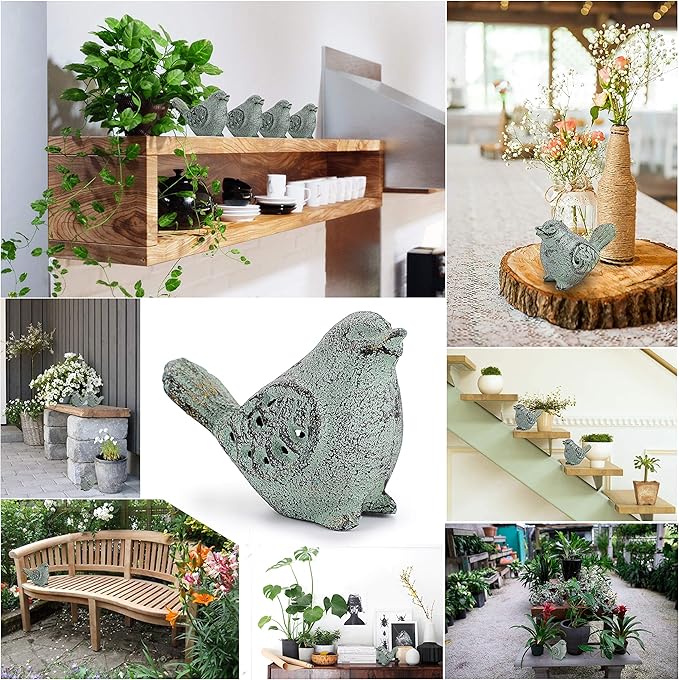 OwnMy 2PCS Cast Iron Green Bird Sculptures - Outdoor & Indoor Small Birds Statues, Hollow Carved Bird Figurines Ornaments Decorative Animal Figurines for Garden Patio Home Decors