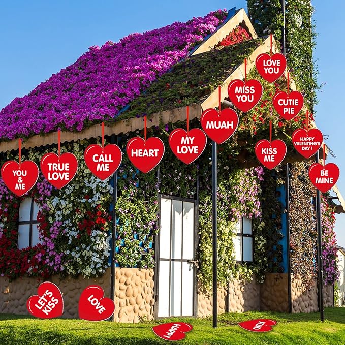 Rtteri 30 Pieces Valentine's Day Outdoor Hanging Heart Ornaments 6 Inch Romantic Conversation Hearts Double-Sided Plastic Lawn Heart Hanging Decor for Valentine Wedding Porch Tree Yard Lawn Decor