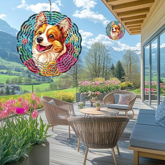 Cute Dog Wind Spinners Outdoor, Hanging Wind Spinner for Garden Decoration, 8 inch 3D Stainless Steel Metal Wind Sculpture for Indoor/Outdoor Decor