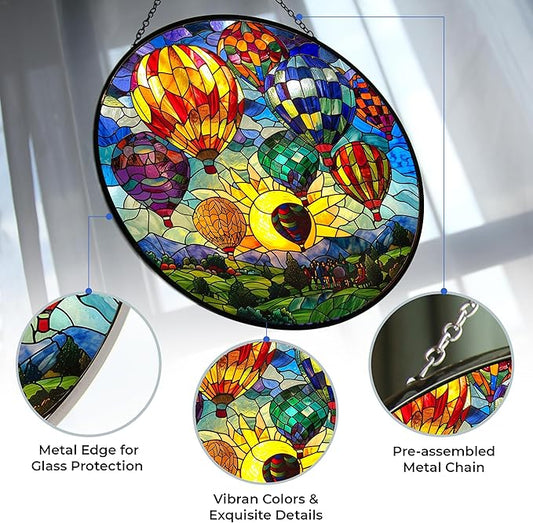 Hot Air Balloon Stained Glass Suncatcher Window Hanging, Gothic Dragon Christmas Ornaments for Fiction Lovers, Dinosaur Room Decor for Nursery New Home Gifts