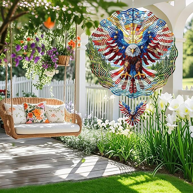 Hanging Wind Spinners Outdoor, 3D Kinetic Metal Wind Spinner with American Flag Bald Eagle Design for Garden Yard Decor, Patriotic Themed Gifts for Men Women Veterans