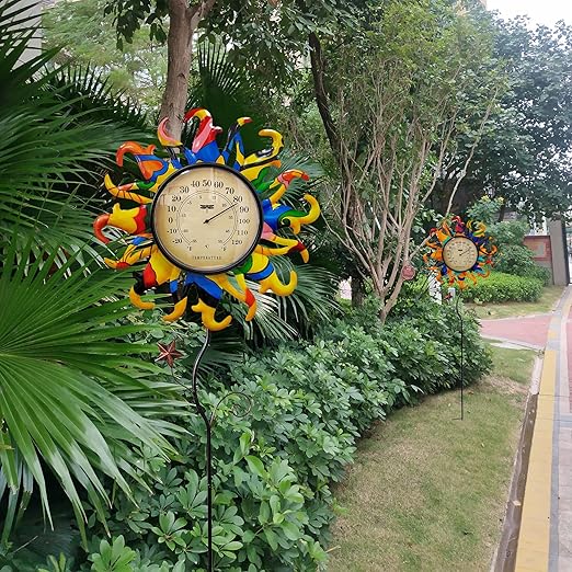 Metal Sun Thermometer Indoor Outdoor Ornament Wall Art Decor, Sun Plaque Sculpture Hanging Mounted for Living Room Bedroom Kitchen Patio for Home or Garden, No Battery Required (YELLOW SUN STAKE)