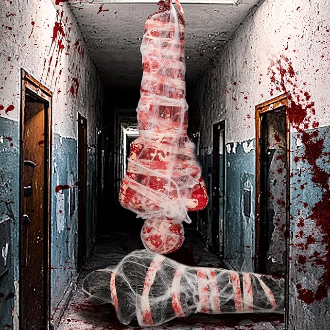 2 Sets Halloween Hanging Cocoon Corpse, 64'' Bloody Inflatable Cocoon Outdoor Decoration Set with Bandage, Scary Dead Body Prop Decor for Outdoor Halloween Party House Yard (Black,Red)