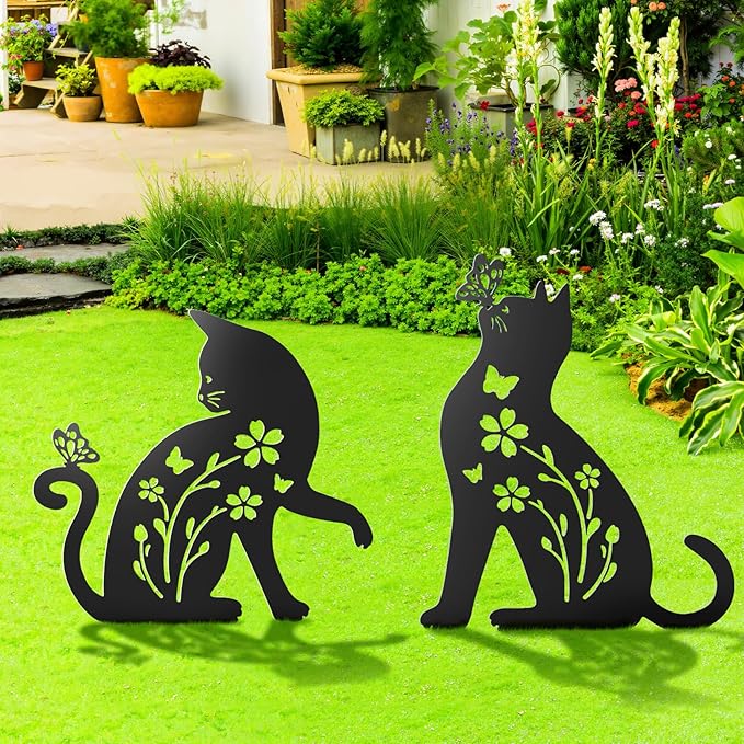 Ouddy Mode 2 Packs Cat Garden Decor for Outside, Cat Gifts for Women/Men/Mom/Grandma, Metal Decorative Garden Stakes for Outdoor Lawn Statues Yard Art