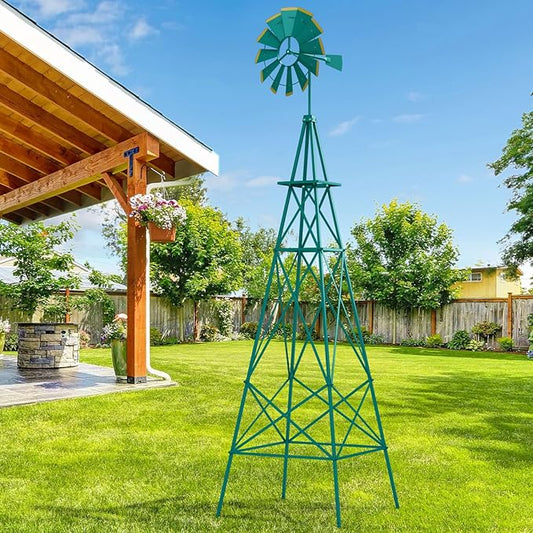 DREAMADE 8ft Steel Windmill, Farmhouse Windmill Decoration with Directional Vane, 4 Anchoring Stakes & Reinforced Base, Weather-Ready Garden Spinner for Backyard, Garden, Patios, Rural Areas (Green)