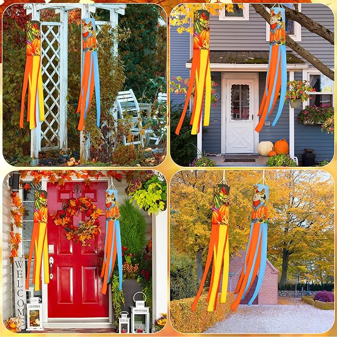 NOVWANG 2 Pcs Fall Windsocks, Scarecrows Pumpkins Wind Socks Autumn Windsocks Thanksgiving Outdoor Hanging Scarecrow Decorations for Home Farmhouse Garden Yard Decor