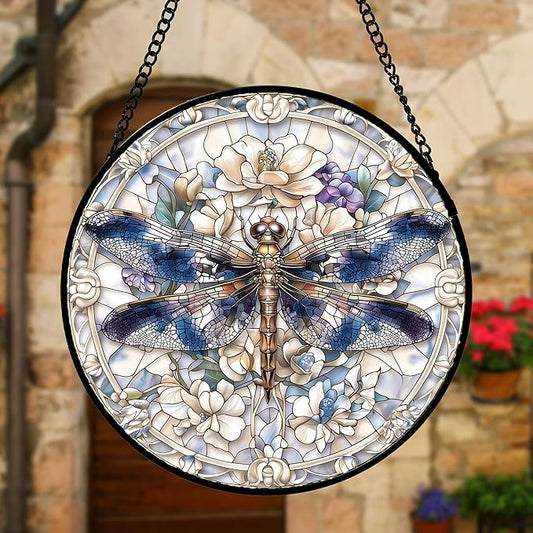 DASTOLL Stained Glass Window Hanging, Dragonfly Flower Suncatcher for Doors Home Sun Catchers Decoration and Christmas, Mother's Day Birthday Gifts for Women, Men, and Mom 11.8x11.8 in