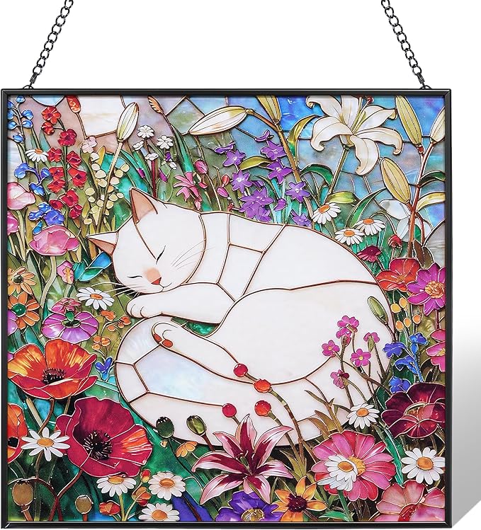 Cat Stained Glass Window Hanging, 7.9" Square Suncatcher with Chain Suction Cup, Cute Kitten Sun Catchers Indoor Window, Colorful Cat Decor for Wall, Porch, Birthday, Snow White Cat