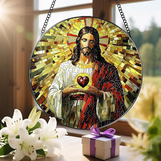 8-Inch Jesus Christian Suncatcher Ornament, Stained Glass Window Hanging & Christian Christmas Ornament, Religious Home Decor โ Gift for Christians, Gifts for Christmas & Holidays, Religious Gifts