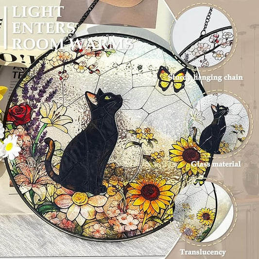 Cat Stained Glass Suncatcher Window, Hanging Sun Catchers Indoor Window, Suncatcher for Mom/Women (Black)