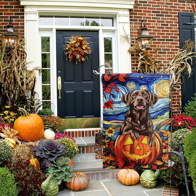 Stained Glass Chocolate Lab Fall Garden Flag Halloween Pumpkin Yard Signs Autumn Sunflower Thanksgiving Banner for Outside 12x18 Double Sided Small Labrador Dog Outdoor Decorative