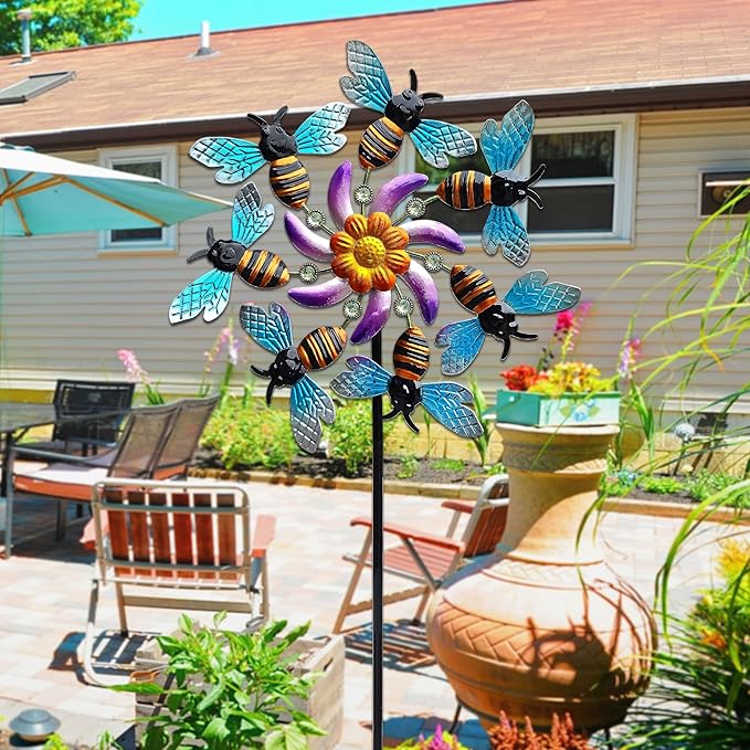 COOZZYHOUR 39" Bee Wind Spinners Metal Garden Stake-Outdoor Yard Windmill-Wind Sculpture Yard Art Decorations for Patio,Lawn & Garden