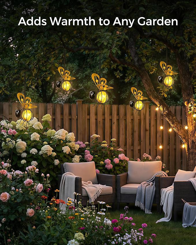 Solar Hanging Bee Light โ Outdoor Metal Garden Decor with LED Glow, Yellow Body โ Waterproof Solar Powered Insect Ornament for Yard, Tree, Porch, Patio โ Gift for Women, Bee Lovers (Bee, 1)