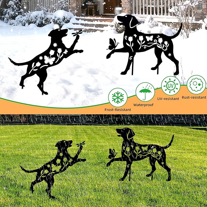 Metal Dog Garden Decor for Outside, Set of 2 Metal Dog Garden Statues,Garden Stakes Decorative for Lawn Decorations, Outdoor Decor Yard Art (15IN)