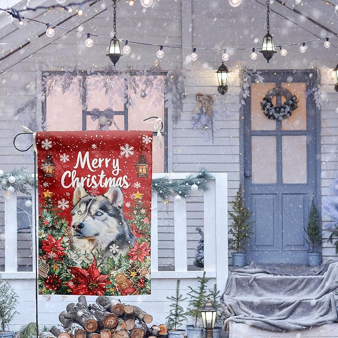 Christmas Husky Garden Flag Merry Christmas Dog Yard Flag for Outside Xmas Flags 12x18 Double Sided Red Poinsettia Garden Flags Winter Porch Decorations Outdoor