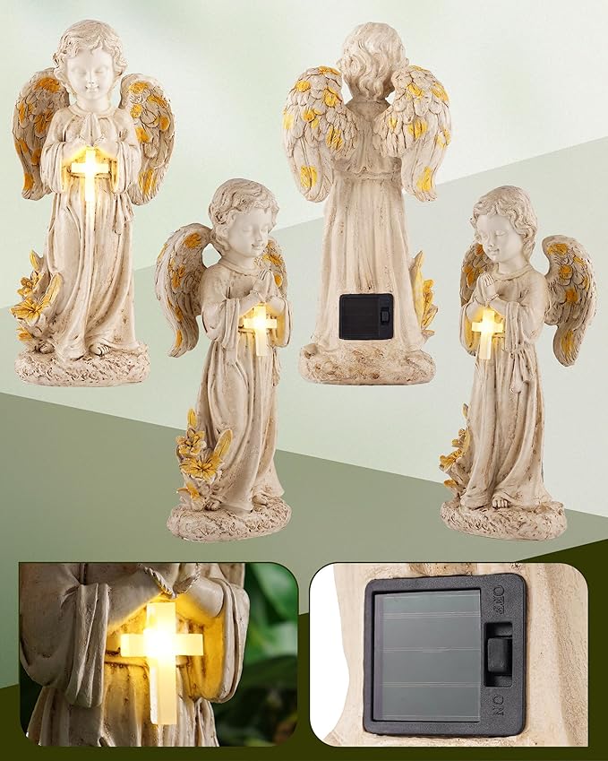 Solar Angel Statues for Outside, 12" Garden Solar Angel Figurines w/Lighted Cross, Guardian Angel for Cemetery, Yard, Pathway, Lawn Decor, Memorial Gardens Gifts for Mom Grandma Women