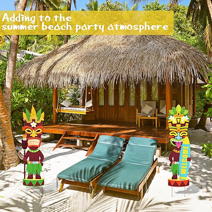 Queekay 2 Pcs Tiki Yard Sign Luau Hawaiian Tropical Party Decoration Outdoor Tiki Bar Sign with Stakes for Summer(Novelty Style)