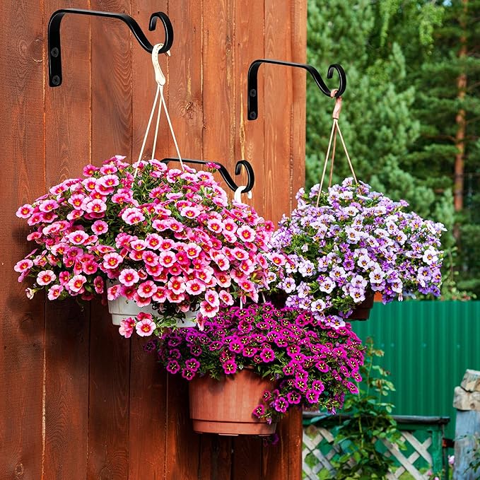 Aidoclip 4 Pack 7 Inch Plant Hanger Brackets for Outdoor Indoor Use, Wall Mounted Iron Hooks for Hanging Baskets, Bird Feeders, Lanterns, Wind Chimes, Rustic Black Garden Decor with Hardware