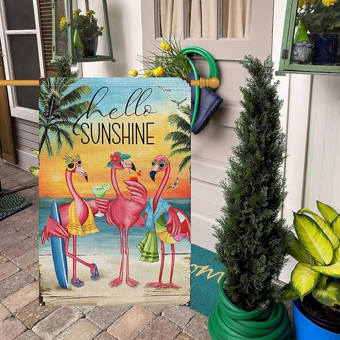 Heyfibro Flamingo Hello Sunshine Hawaii Tropical Beach Holiday Garden Flags 28x40 Double Sided Burlap Welcome Summer Tropical Ocean Sea Yard Flag for Seasonal Outdoor Party Decoration(ONLY FLAG)