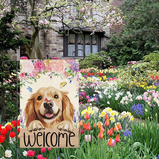 Heyfibro Welcome Spring Summer Flower Garden Flag 12x18 Inch Double Sided Burlap,Cute Golden Retriever Dog Butterfly Yard Flag for Seasonal Holiday Farmhouse Outdoor Decor(ONLY FLAG)