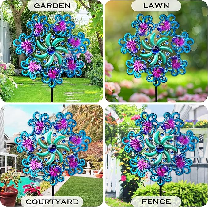 Octopus Wind Spinners 49" Garden Spinner Stake Outdoor Large Metal, Windmills Gifts for Mother's Day Birthday Lawn Patio Decor(Blue)