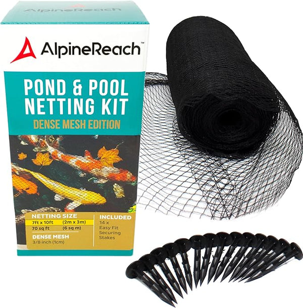 AlpineReach Koi Pond Netting Kit 7 x 10 ft Black Heavy Duty Woven Fine Mesh Net Cover for Leaves - Protects Koi Fish from Blue Heron Birds, Cats & Predators – Reusable & Stakes Included