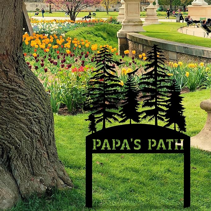 Personalized Pine Tree Metal Garden Sign with Stake, Front Yard Welcome Decorative, Custom Home Garden Decor, Customized Metal Yard Sign, Farmhouse Gardening Backyard Decor, Outside Art, Gift for Mom
