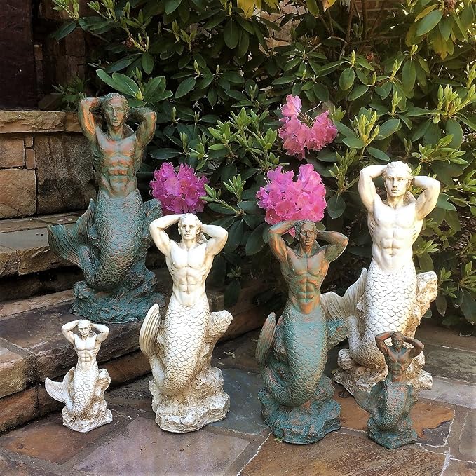 homestyles 21 in. Sexy Triton Merman Male Mermaid on Nautical Rock Bronze Patina Beach and Pool Statue