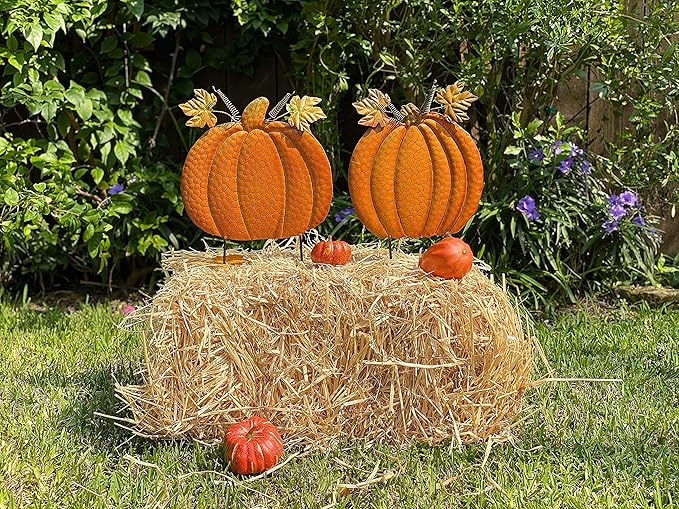 STC S/2 Garden Stakes Thanksgiving Fall Harvest Halloween Outdoor Metal Decor Orange Pumpkins #762 (16" & 15" H)