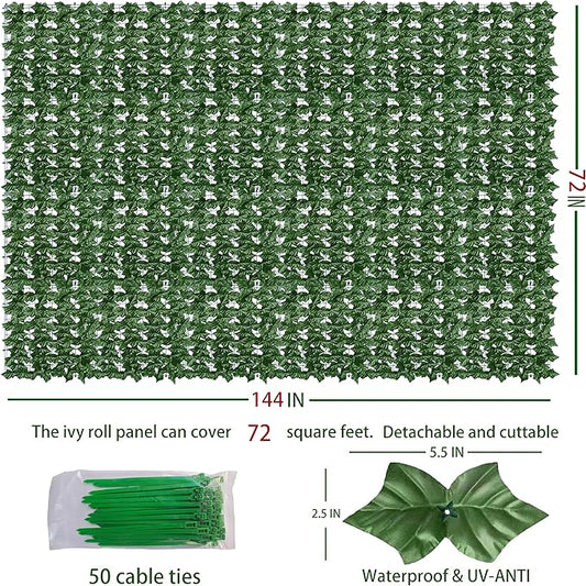 Odtory Artificial Ivy Privacy Fence Wall Screen: 72 x144 in UV-Anti Faux Greenery Backdrop Ivy Vine Leaf Hedges Fence Panels for Patio, Balcony, Garden, Backyard Indoor Outdoor Green Wall Decor
