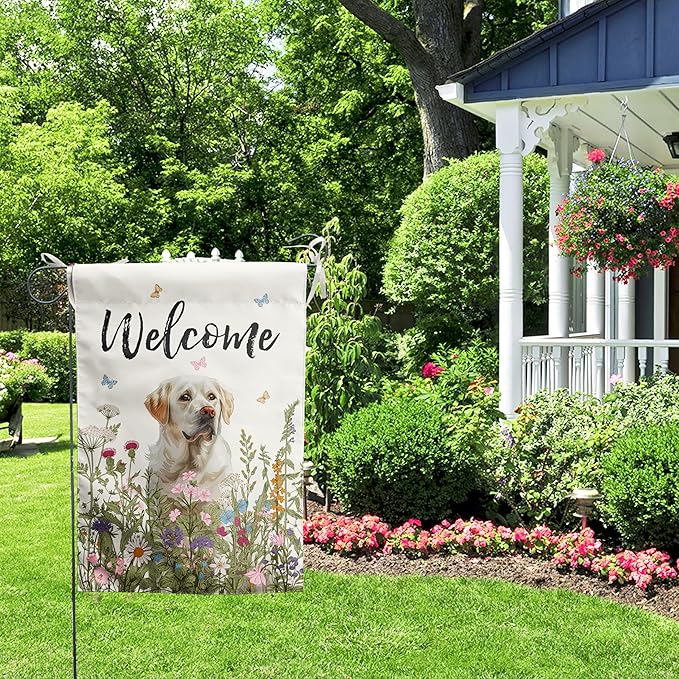 Floral White Lab Garden Flag Spring Summer House Flags 28x40 Double Sided Flower Dog Labrador Yard Flags for Outside Large Outdoor Welcome Flags, p-whitelab