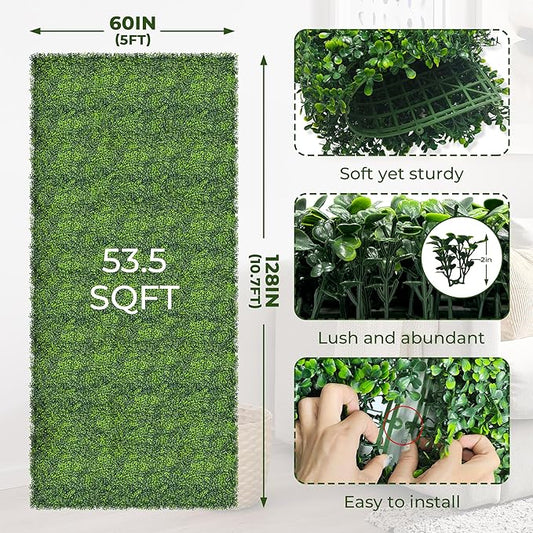 Artificial Boxwood Roll Panels: 60"x128" (53.5 sqft) UV-Anti Faux Hedge Privacy Screen - 4-Layer Fake Greenery Ivy Vine Grass Wall for Garden, Patio, and Balcony Backdrop Decoration