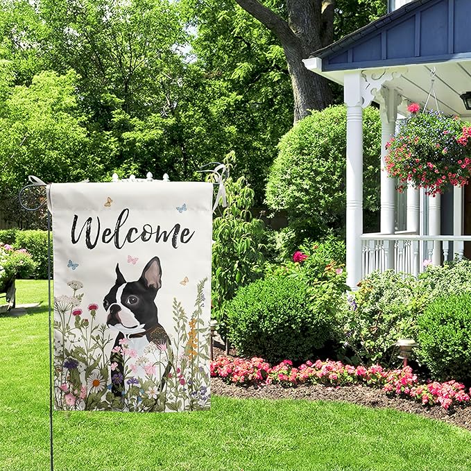 Spring Summer Garden Flag Floral Boston Terrier Yard Flag Flower Dog Garden Flags for Outside Small Outdoor Welcome Flags 12x18 Double Sided
