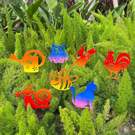 7PCS Metal Small Animal Decoration Stakes with Owl, Cat, Bee, Rooster, Snail, Fairy, and Flower Pot Designs - Hollow Out Silhouette Yard Art for Outdoor Patio Lawn Garden Decor