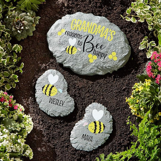 Let's Make Memories Personalized Reasons to Bee Happy Garden Stone - Garden Décor - Orange Flower Design - Small Bee Garden Stone - 6" Diameter