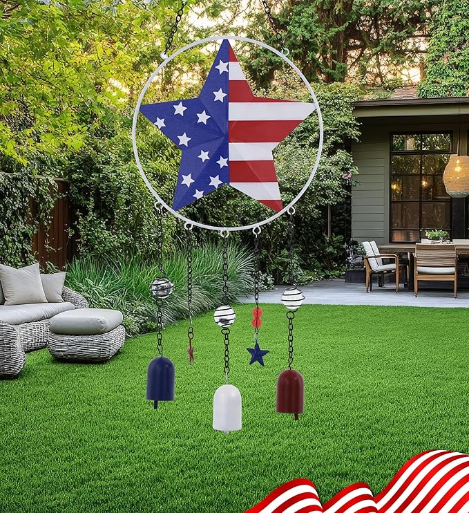 CoTa Global USA Flag Star Wind Chime - American Flag Patriotic Indoor or Outdoor Windchime Home Decor with Hanging Bells, Handcrafted Glass and Metal Wind Chimes for Yard, Garden, Porch - 24 Inch