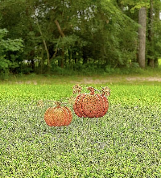 Garden Stakes Thanksgiving Fall Harvest Halloween Outdoor Metal Decor Orange Pumpkins 143&122 (Set of 2) 14.5"&11.5"