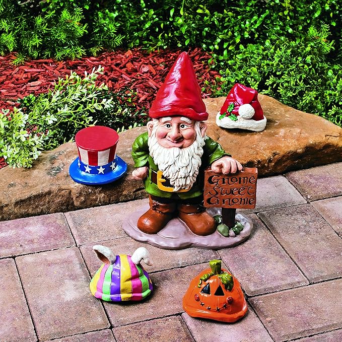 Fun Express Garden Gnomes Outdoor Statue with 5 Interchangeable Seasonal Hats - Resin Gnome Figurines for Yard Decorations | Christmas Halloween Easter Holiday Gnome Decor for Home Garden Sculptures