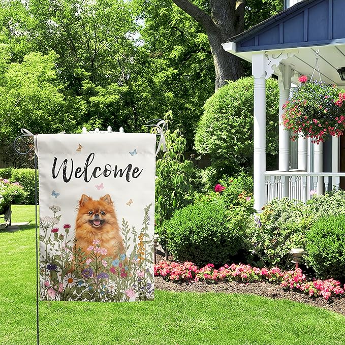 Spring Summer Garden Flag Floral Pomeranian Yard Flag Flower Dog Garden Flags for Outside Small Outdoor Welcome Flags 12x18 Double Sided